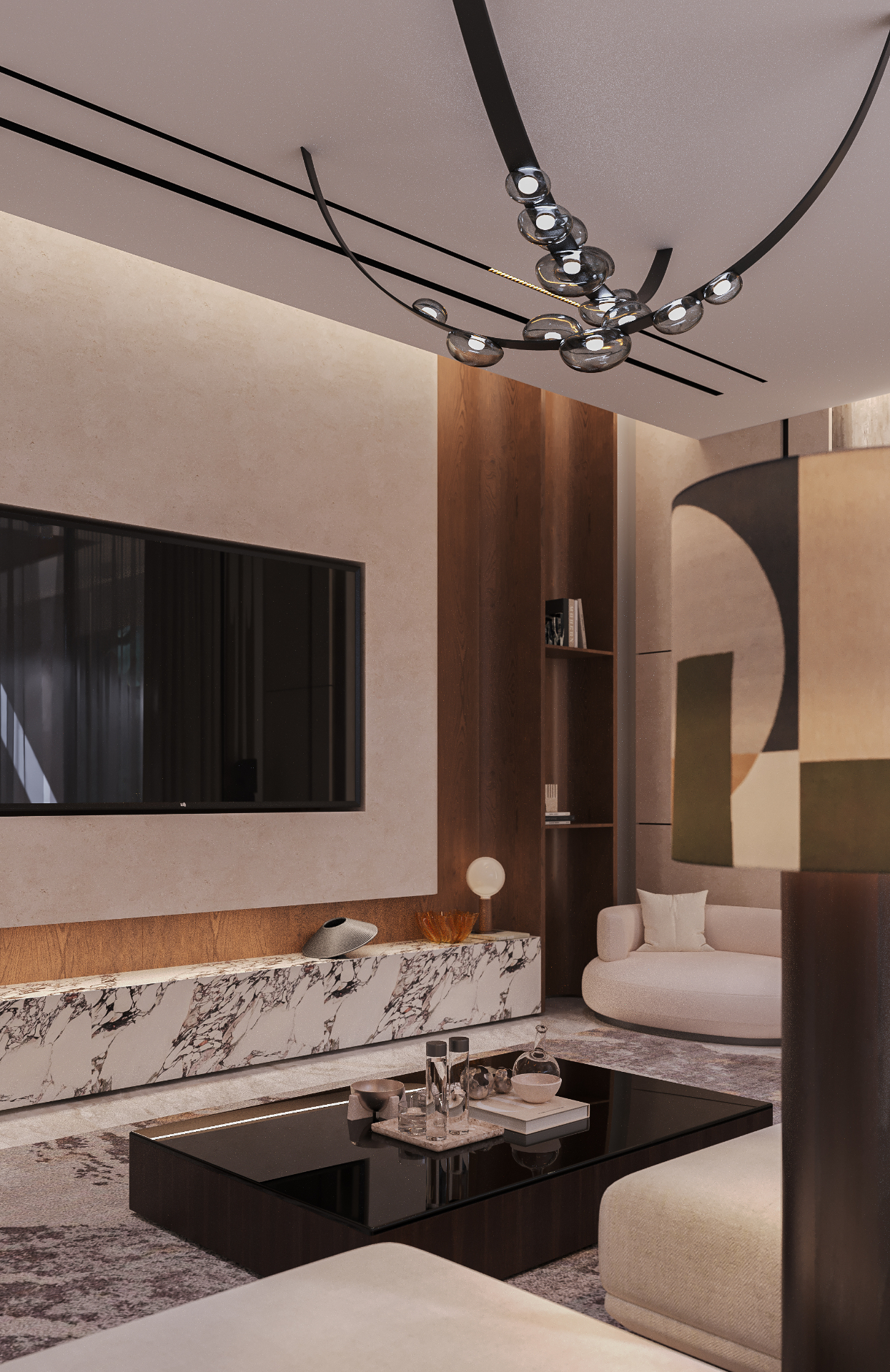 The chandelier, the marble, the wall of small colours.