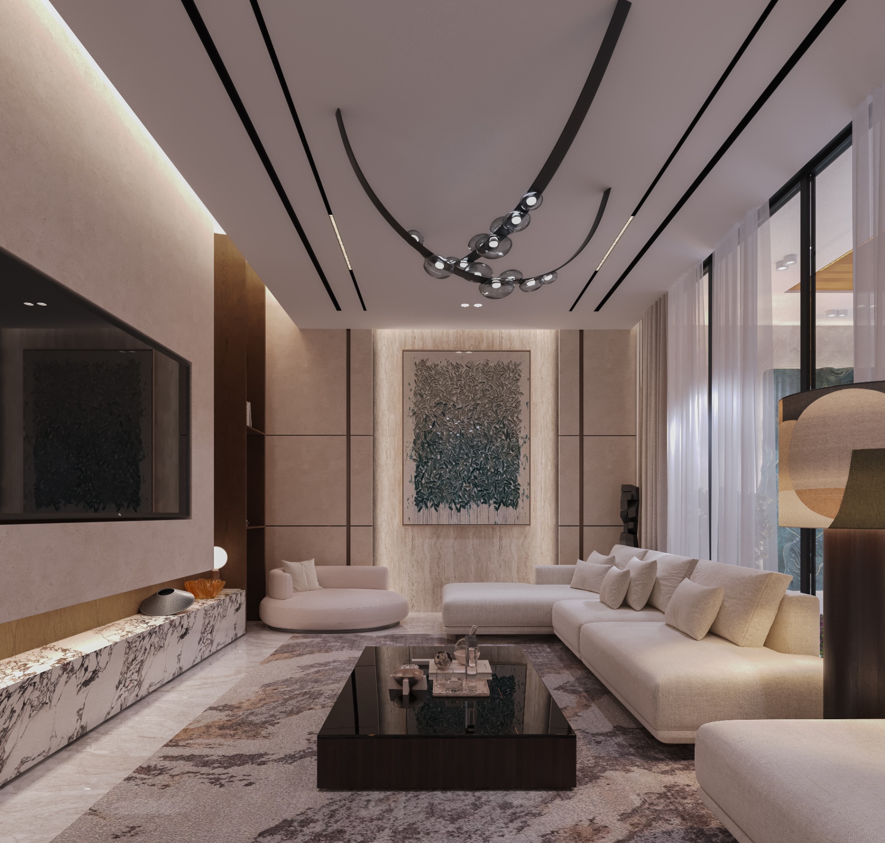 Travertine, cream, and a chandelier drawn in one line.