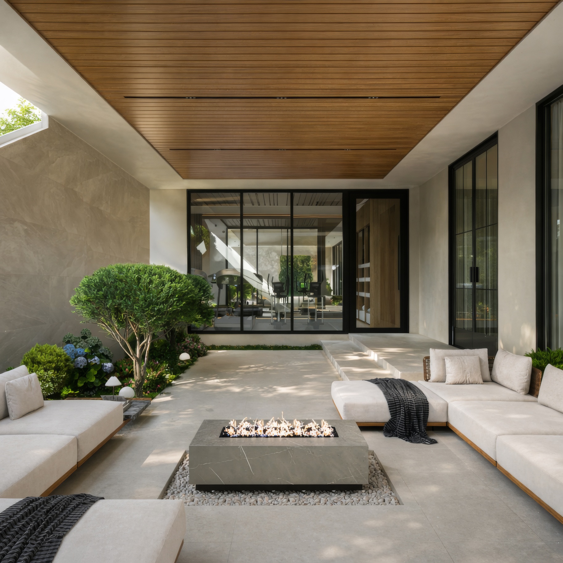 Wood above, garden around, fire between.
